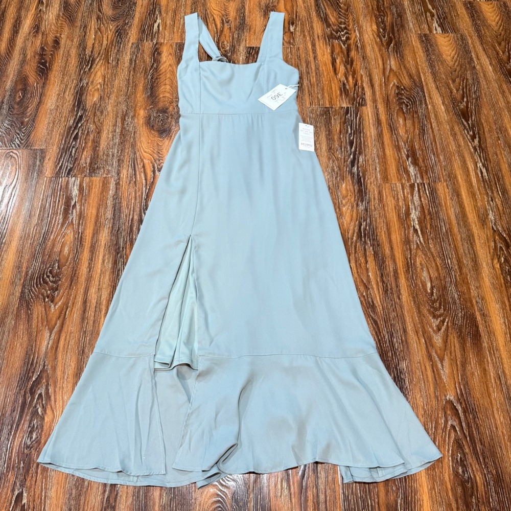 NEW Show Me Your Mumu S Dress Women Green Smocked Back Ruffle Slit Gown FLAW